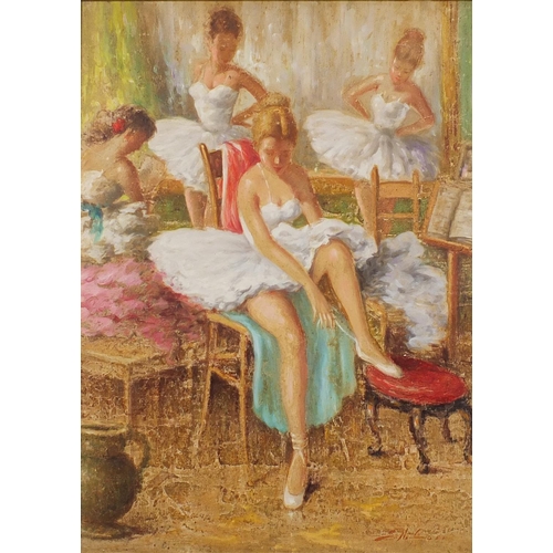 2537 - Four ballerina's, impressionist oil on canvas, bearing an indistinct signature possibly S Nifosi, fr... 