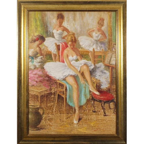 2537 - Four ballerina's, impressionist oil on canvas, bearing an indistinct signature possibly S Nifosi, fr... 