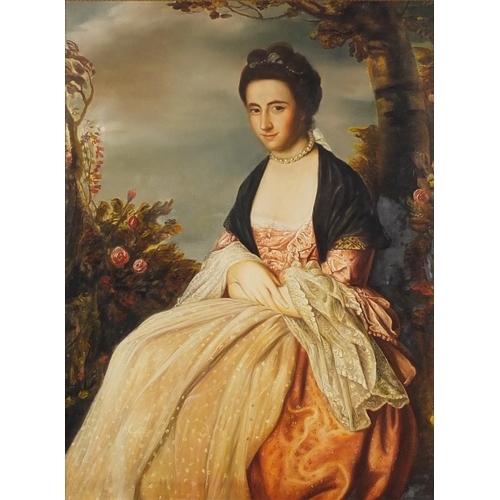 2053 - Full length portrait of a seated female, Old Master style oil on canvas, framed, 99.5cm x 74.5cm