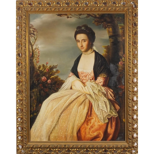 2053 - Full length portrait of a seated female, Old Master style oil on canvas, framed, 99.5cm x 74.5cm