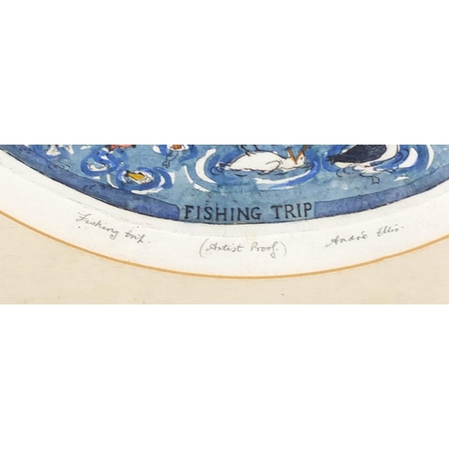 2325 - Andre Ellis - Fishing trip, artist proof pencil signed etching in colour, mounted and framed, 44cm i... 