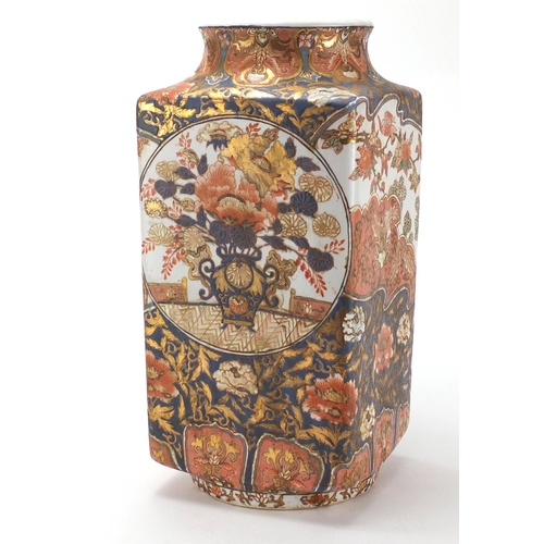 2435 - Chinese porcelain square section vase, hand painted in the Imari palette with birds of paradise and ... 