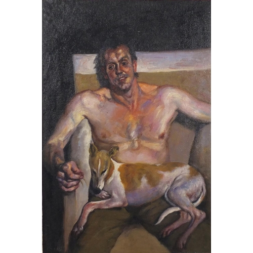 2161 - Semi nude man in an interior with a dog, oil on board, bearing an inscription Freud verso, framed, 7... 