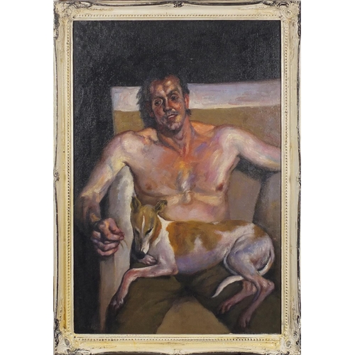 2161 - Semi nude man in an interior with a dog, oil on board, bearing an inscription Freud verso, framed, 7... 