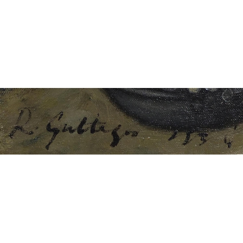 2163 - Surreal seated figure, Italian school oil on board, bearing a signature R Guttiso and inscription ve... 