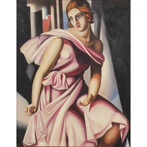 2447 - Full length portrait of an Art Deco female, oil on board, bearing a signature T A Lempicka, framed, ... 