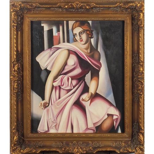 2447 - Full length portrait of an Art Deco female, oil on board, bearing a signature T A Lempicka, framed, ... 