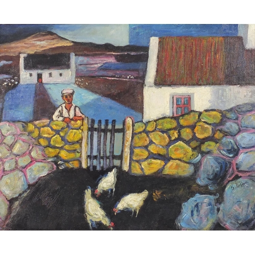 2245 - Manner of Gerard Dillon - Man with chickens before two cottages, Irish school oil on board, framed, ... 