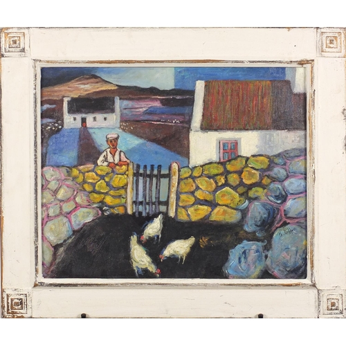 2245 - Manner of Gerard Dillon - Man with chickens before two cottages, Irish school oil on board, framed, ... 