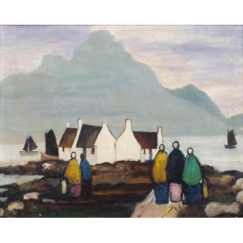 2630 - Figures looking out to sea, Irish school oil on canvas, bearing a signature Markey, framed, 45.5cm x... 