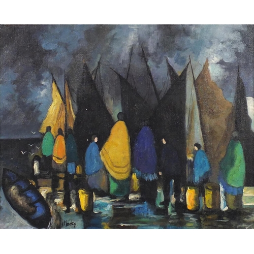 2324 - Figures before boats, Irish school oil on board, bearing a signature Marky, framed, 49.5cm x 39.5cm