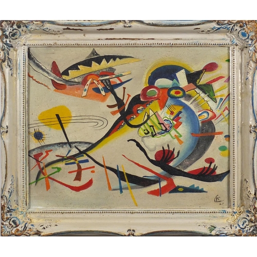 2492 - Abstract composition, oil on board, bearing a monogram CK and inscription verso, framed, 37cm x 29.5... 