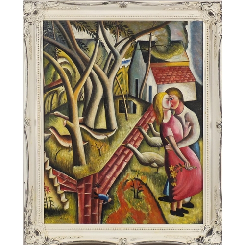 2443 - Lovers before geese and buildings, surreal school oil on board, bearing a signature Nash, framed, 49... 