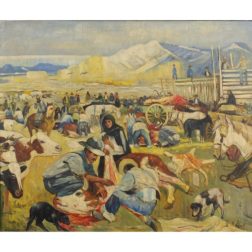 2326 - Figures on a ranch, American school oil on board, bearing a signature L N Black and inscriptions ver... 