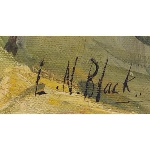 2326 - Figures on a ranch, American school oil on board, bearing a signature L N Black and inscriptions ver... 