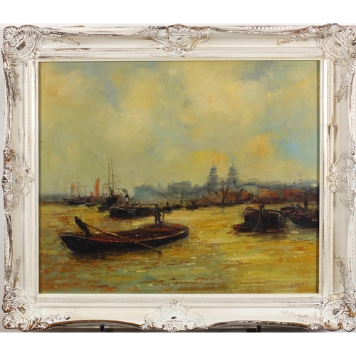 2236 - The Thames London, English school oil on board, bearing a signature E Fletcher and inscriptions vers... 
