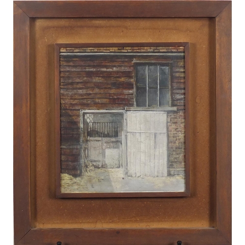 2497 - John Godden - The Cowshed, Forty Hall Farm, Enfield, oil on board, label verso, mounted and framed, ... 