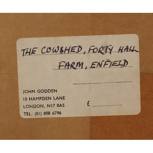 2497 - John Godden - The Cowshed, Forty Hall Farm, Enfield, oil on board, label verso, mounted and framed, ... 