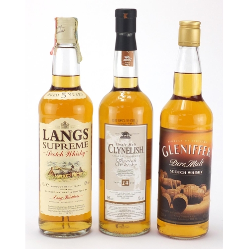 2412 - Three bottles of whisky comprising Langs Supreme aged 5 years, Clynelish 14 years old and Gleniffer