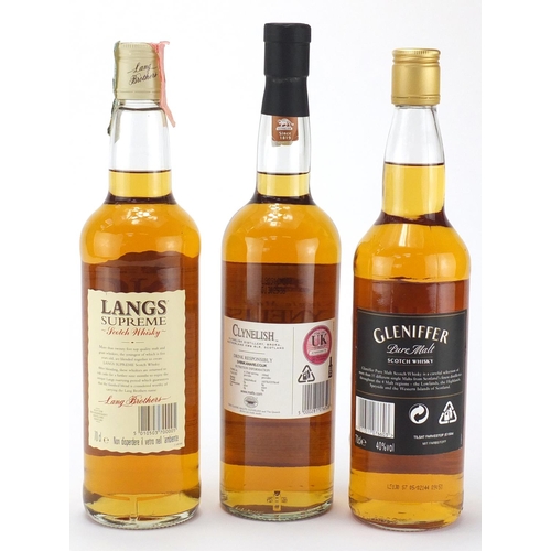 2412 - Three bottles of whisky comprising Langs Supreme aged 5 years, Clynelish 14 years old and Gleniffer