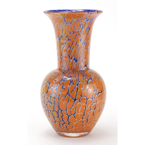 2383 - Large Dartington orange and blue glass vase, etched and impressed marks to the base, 30cm high