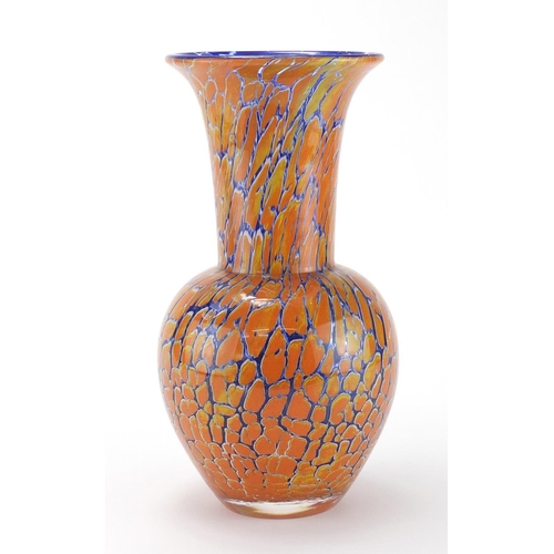 2383 - Large Dartington orange and blue glass vase, etched and impressed marks to the base, 30cm high