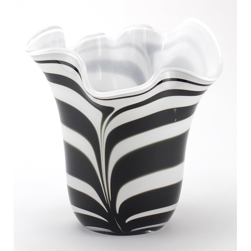 2407 - Large Murano white handkerchief glass vase with black combed decoration, 29.5cm high