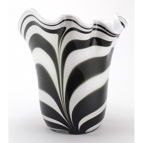 2407 - Large Murano white handkerchief glass vase with black combed decoration, 29.5cm high