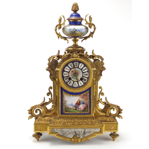2262 - 19th century French ormolu eight day mantel clock striking on a bell, with Sèvres style panels and u... 