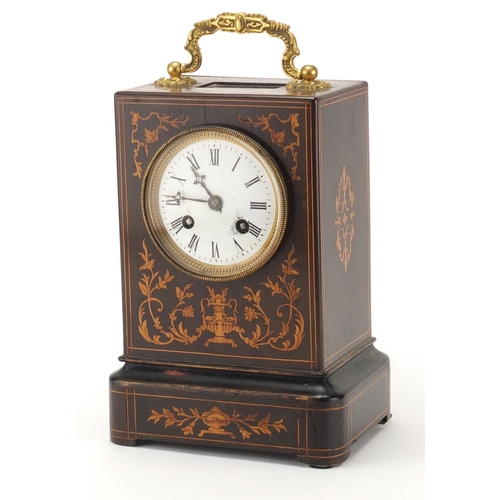 2386 - 19th century marquetry inlaid ebony mantle clock striking on a bell, the French eight day movement s... 