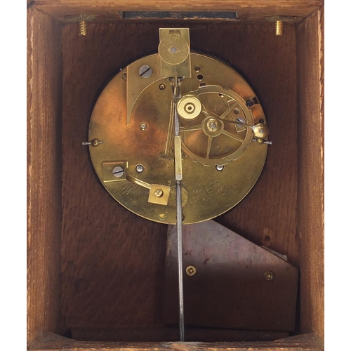 2386 - 19th century marquetry inlaid ebony mantle clock striking on a bell, the French eight day movement s... 