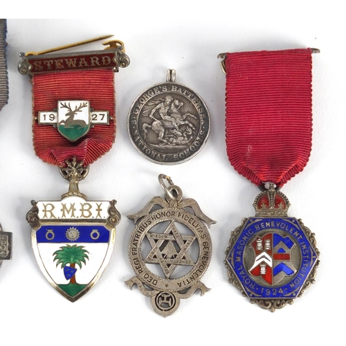 2777 - Nine Masonic and Royal Order of Buffaloes silver jewels, some with enamel and a St George's Batterse... 