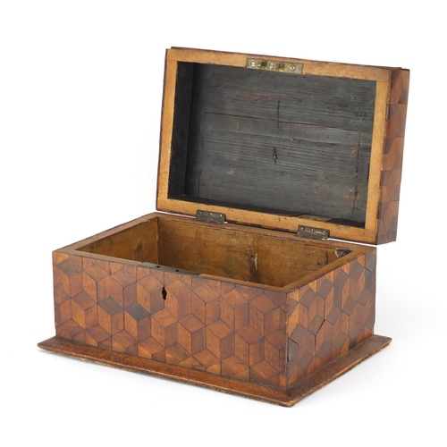 2299 - Victorian parquetry inlaid tumbling block design box, 16.5cm H x 33cm W x 23cm D