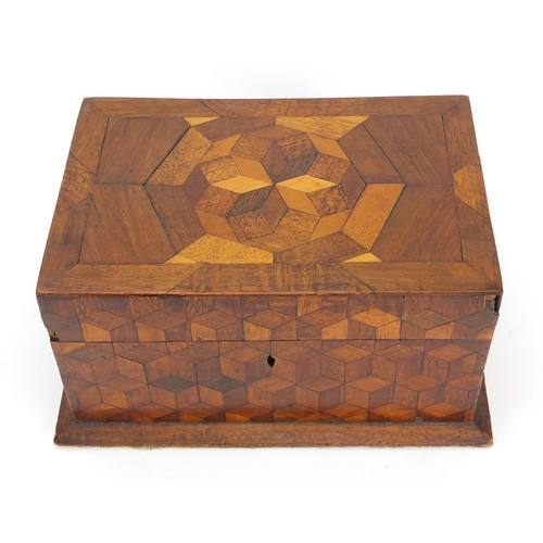 2299 - Victorian parquetry inlaid tumbling block design box, 16.5cm H x 33cm W x 23cm D