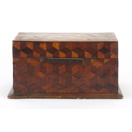 2299 - Victorian parquetry inlaid tumbling block design box, 16.5cm H x 33cm W x 23cm D