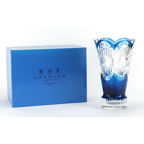 2455 - Val St Lambert blue flashed cut glass vase, housed in a Garrard box, etched marks to the base, 25cm ... 