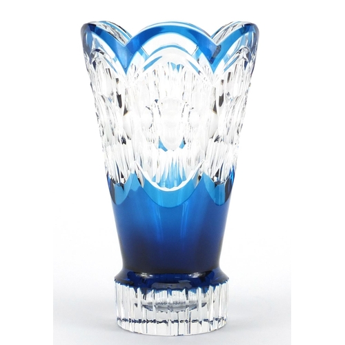 2455 - Val St Lambert blue flashed cut glass vase, housed in a Garrard box, etched marks to the base, 25cm ... 