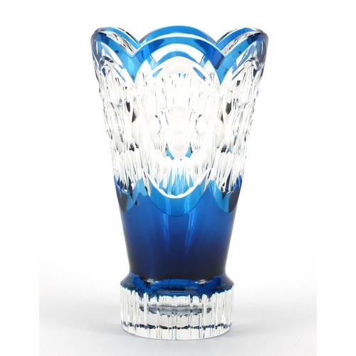 2455 - Val St Lambert blue flashed cut glass vase, housed in a Garrard box, etched marks to the base, 25cm ... 