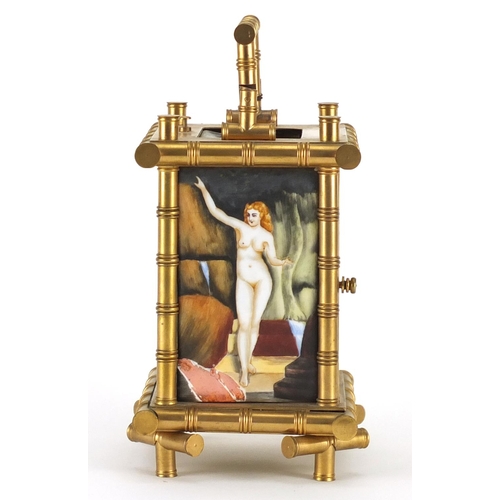 2201 - Aesthetic style gilt brass carriage alarm clock, with subsidiary dial and enamelled panels, housed i... 