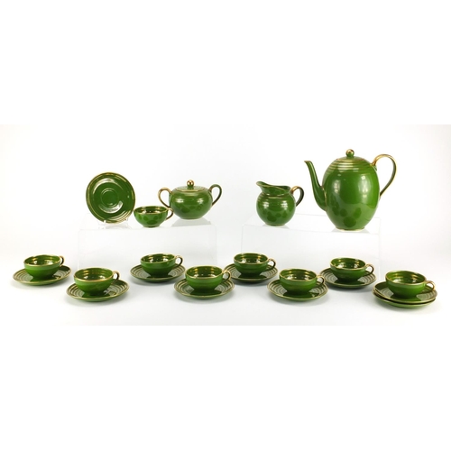 2486 - Vintage Italian green and gilt coffee service by Richard Ginori, the coffee pot 18cm high