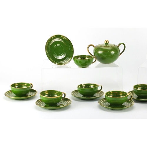 2486 - Vintage Italian green and gilt coffee service by Richard Ginori, the coffee pot 18cm high