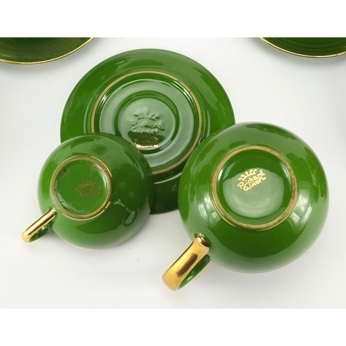 2486 - Vintage Italian green and gilt coffee service by Richard Ginori, the coffee pot 18cm high