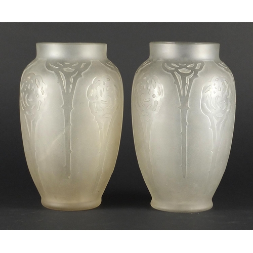 2340 - Part of Art Deco frosted glass vases, each acid etched with stylised trees, each 25cm high