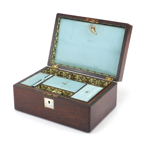 2305 - Victorian rosewood sewing box with mother of pearl inlay and fitted lift out interior, 11.5cm H x 25... 