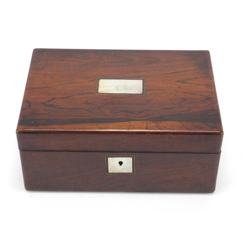 2305 - Victorian rosewood sewing box with mother of pearl inlay and fitted lift out interior, 11.5cm H x 25... 