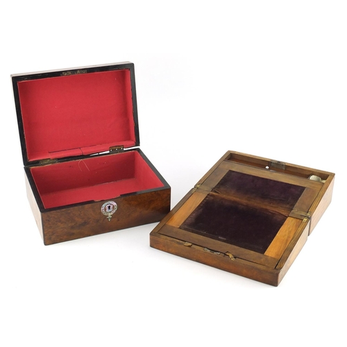 2359 - Victorian burr walnut work box with mother of pearl inlay and an inlaid writing slope, the largest 1... 