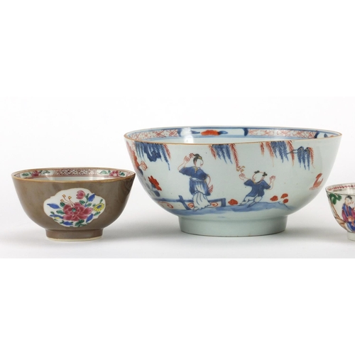 2477 - Four 18th century Chinese porcelain bowls including one hand painted with goldfish and an Imari patt... 