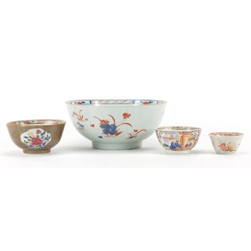 2477 - Four 18th century Chinese porcelain bowls including one hand painted with goldfish and an Imari patt... 