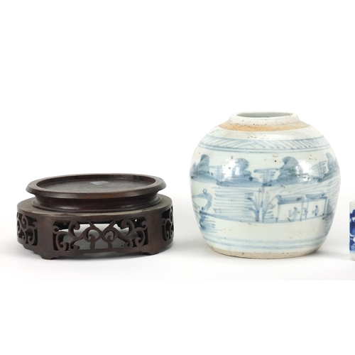 2381 - Chinese ceramics and a carved hardwood stand including a blue and white snuff bottle and a baluster ... 