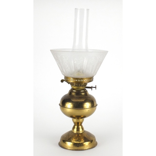 2260 - Vintage brass oil lamp with glass funnel and shade etched with maidens and flowers, 48cm high